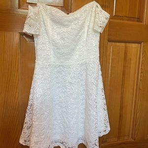 White lace off the shoulder mini dress